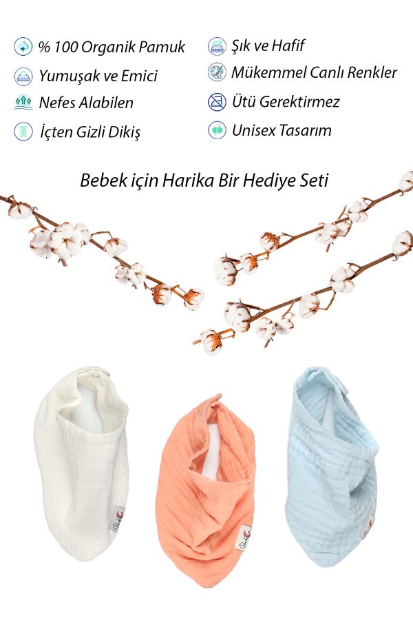 3'lü Set %100 Organik Pamuk Müslin Fular Önlük, Salya ve Mama Önlüğü