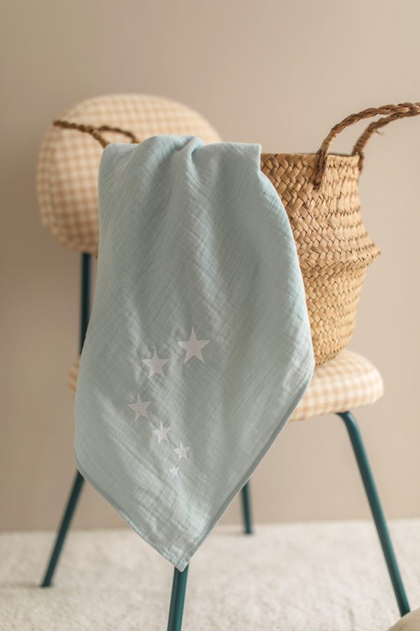 Yıldız Nakışlı Mint Müslin Bebek Örtüsü 90x100cm