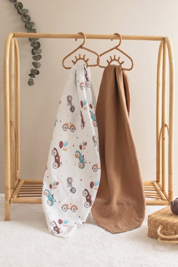 2'li Set Araba Baskılı Müslin Bebek Örtüsü 90x100cm